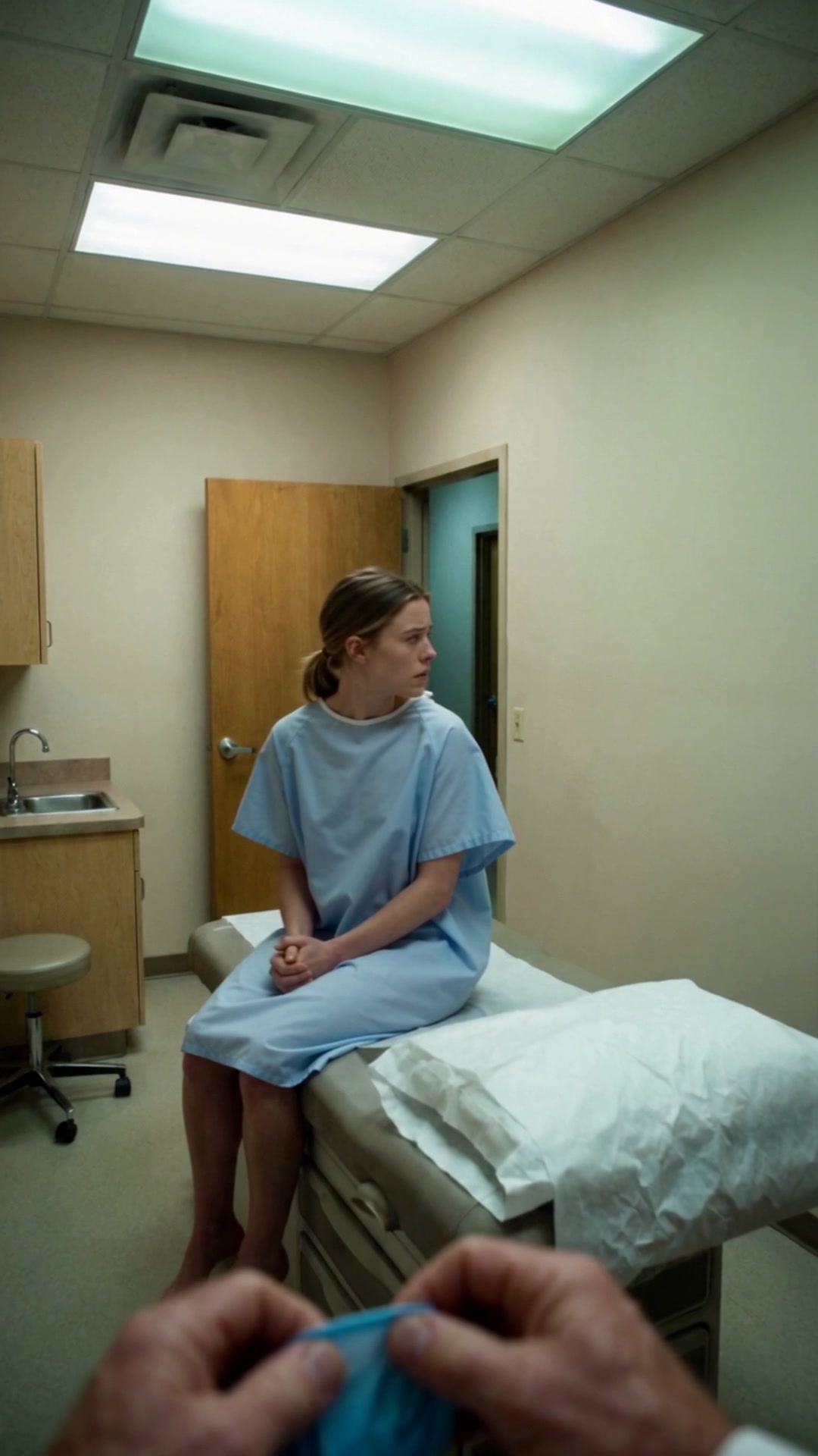 A young woman in a hospital gown waiting on an exam table, the door half open behind her - Ankin Law dramatization