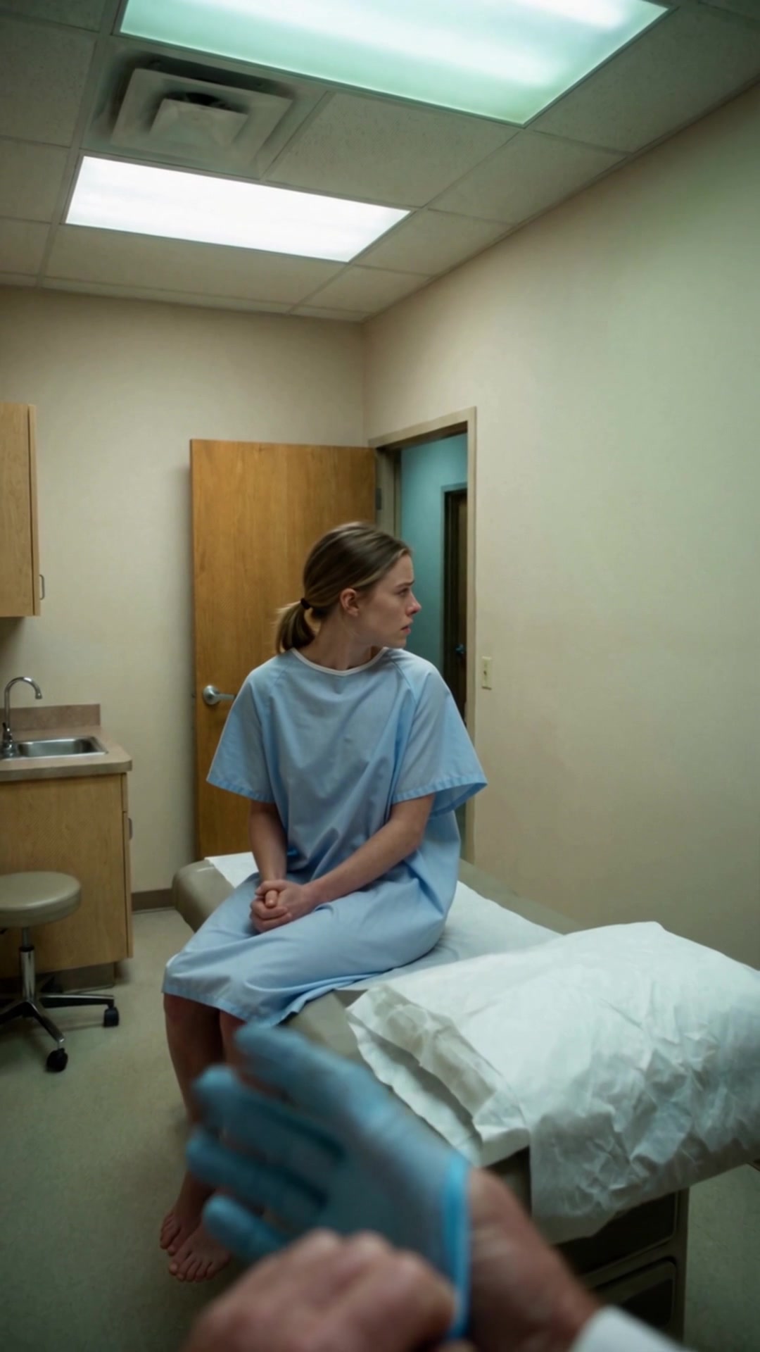 A man's hands pulling on a latex glove in the foreground of an exam room - Ankin Law dramatization