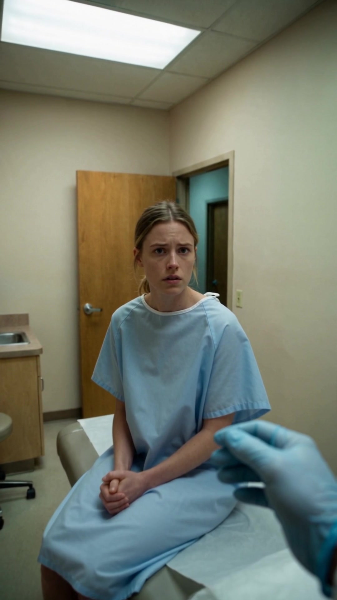 A frightened young woman on an exam table as a gloved hand reaches toward her - Ankin Law dramatization