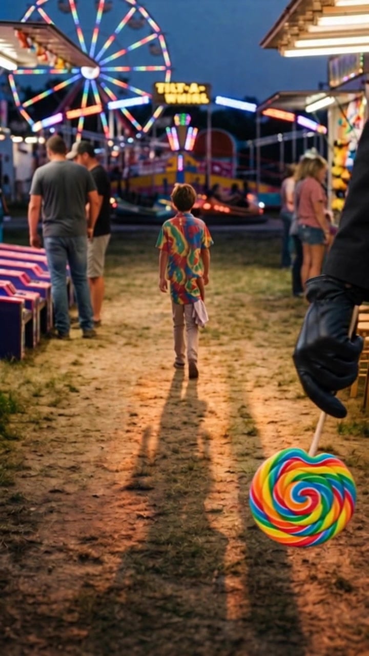 A boy walking alone down a carnival midway at dusk while a black-gloved hand holds a lollipop out behind him - Ankin Law dramatization