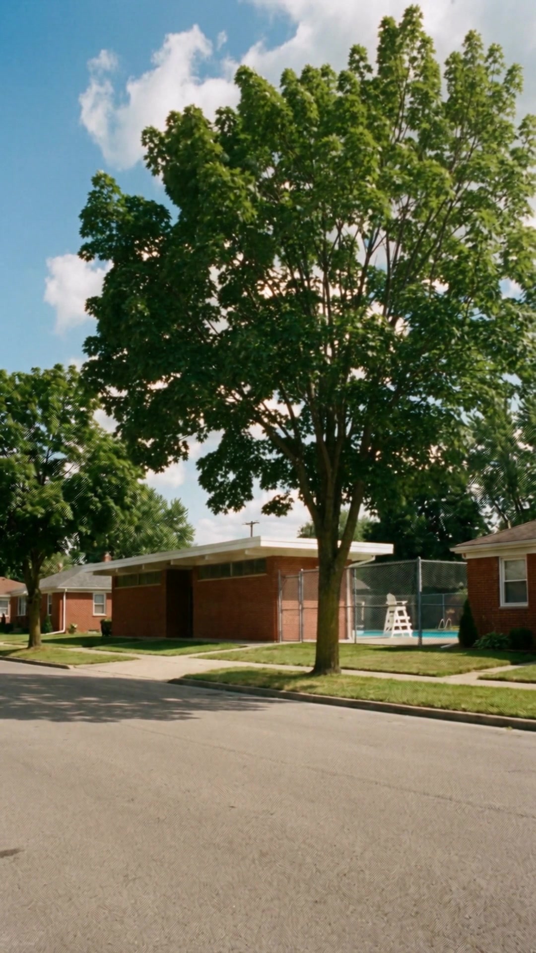 A mid-century brick pool house on a quiet street of brick bungalows on a summer afternoon - Ankin Law dramatization