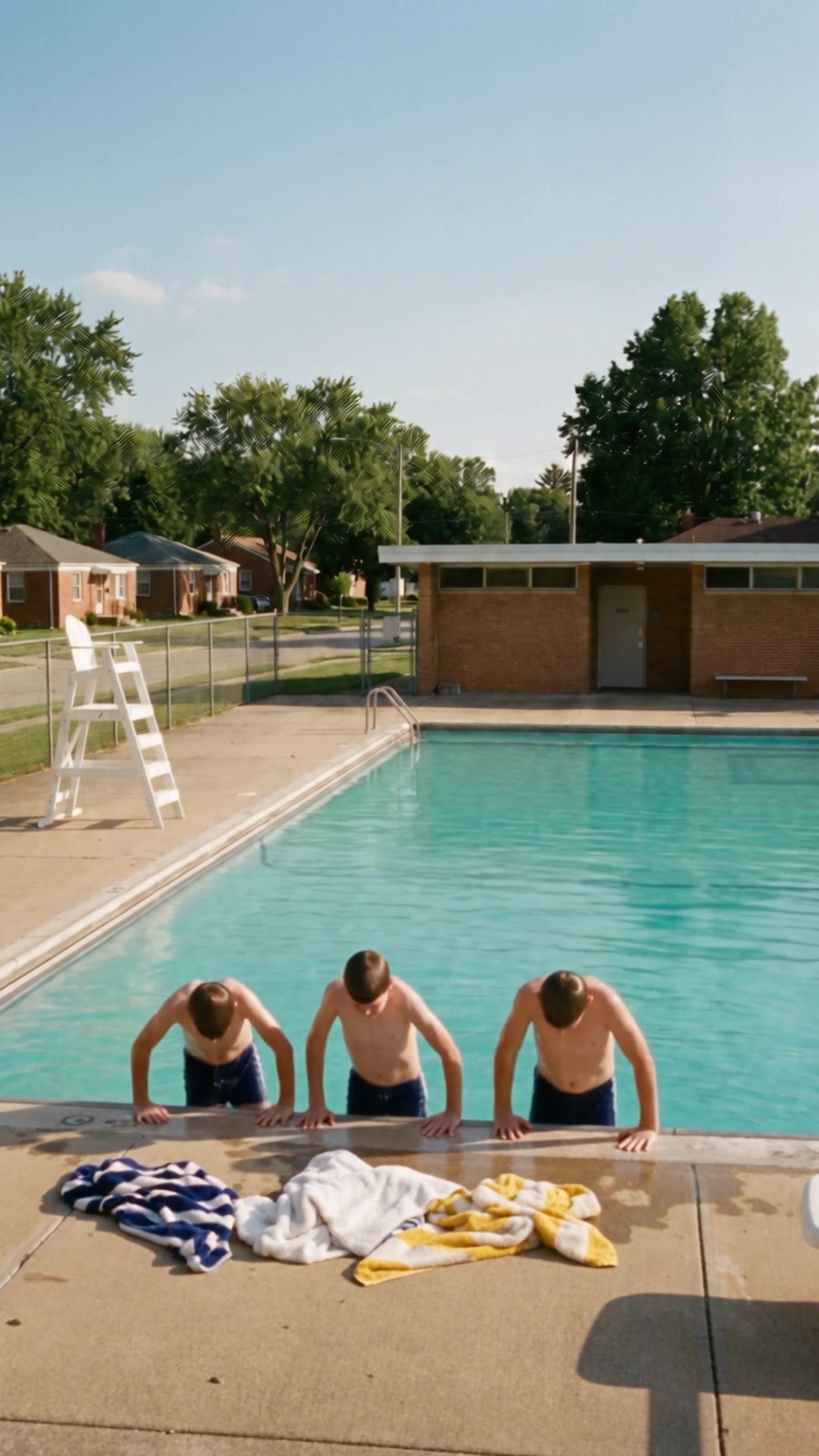 Three boys climbing out of a public pool beside an empty lifeguard chair, their towels in a heap on the deck - Ankin Law dramatization