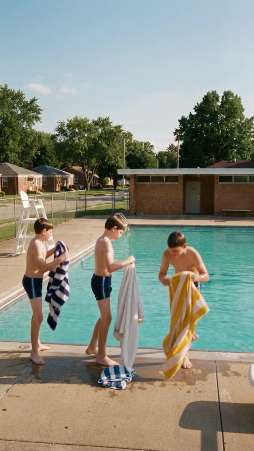 Three boys picking up their towels on a pool deck, the lifeguard chair empty behind them - Ankin Law dramatization
