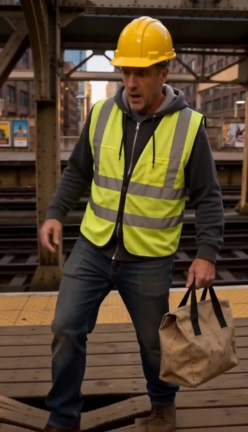 Construction worker crossing an old wooden elevated train platform at night - Ankin Law