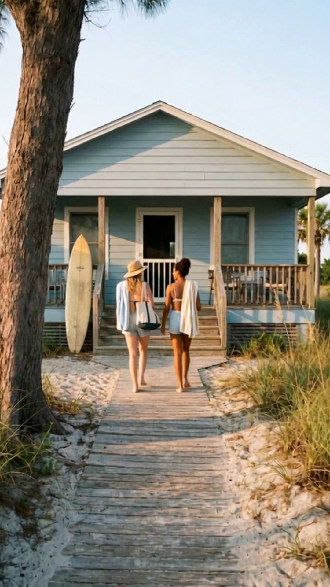 Two friends arriving at a beach cottage vacation rental carrying towels and bags - Ankin Law dramatization