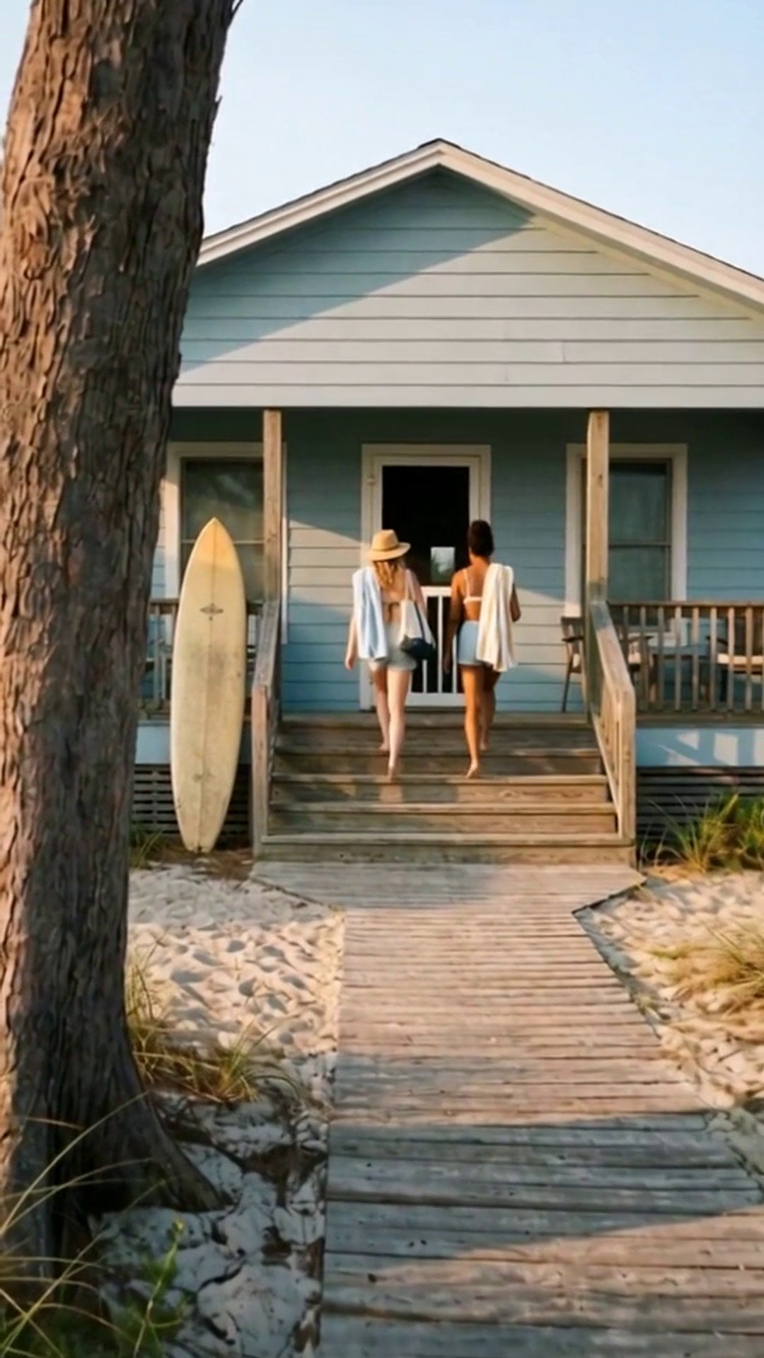 Two women climbing the porch steps to the front door of a vacation rental - Ankin Law dramatization