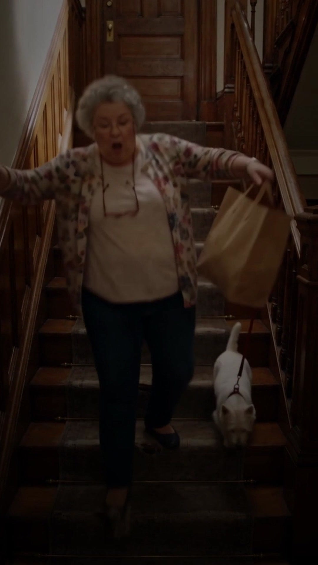 A resident losing her footing on a worn carpeted common staircase in a Chicago apartment building - Ankin Law dramatization