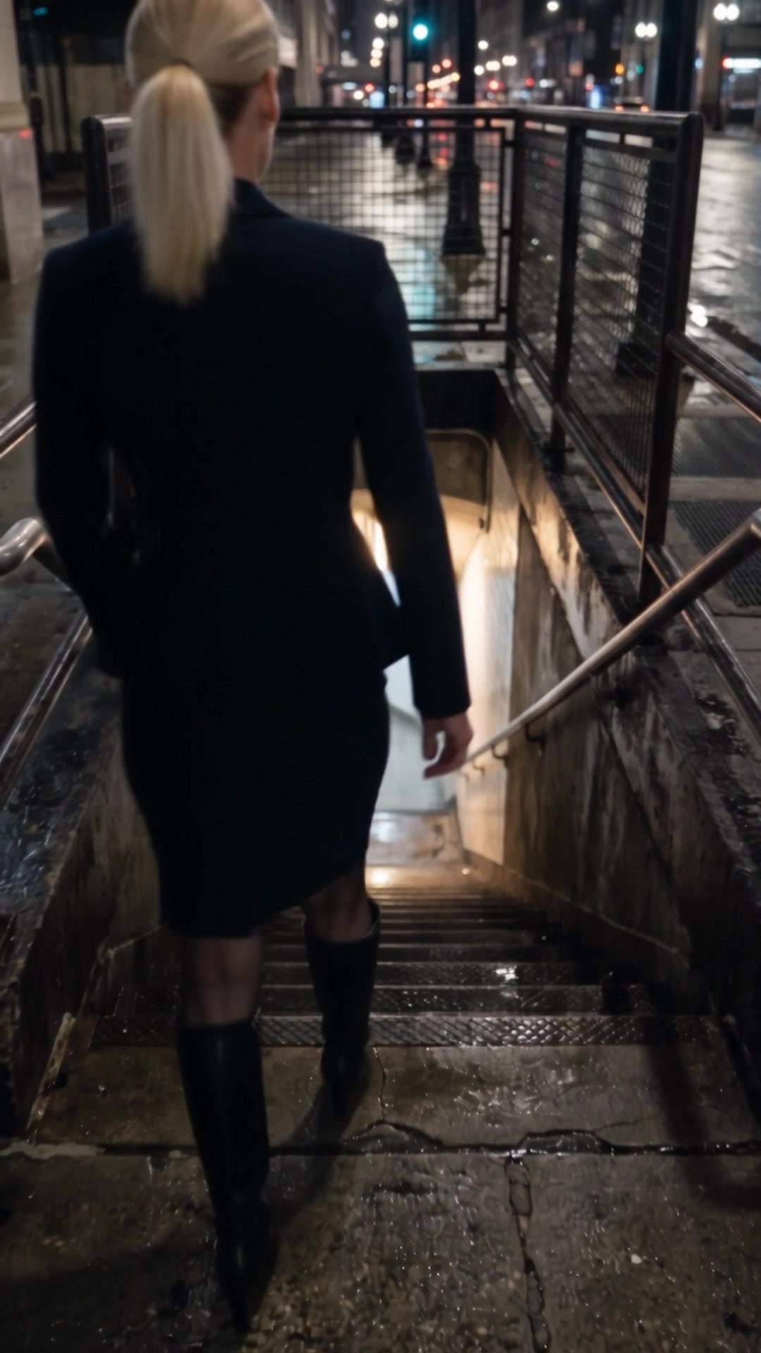 A young woman in a short black jacket and boots starting down the stairs to a subway at night - Ankin Law dramatization