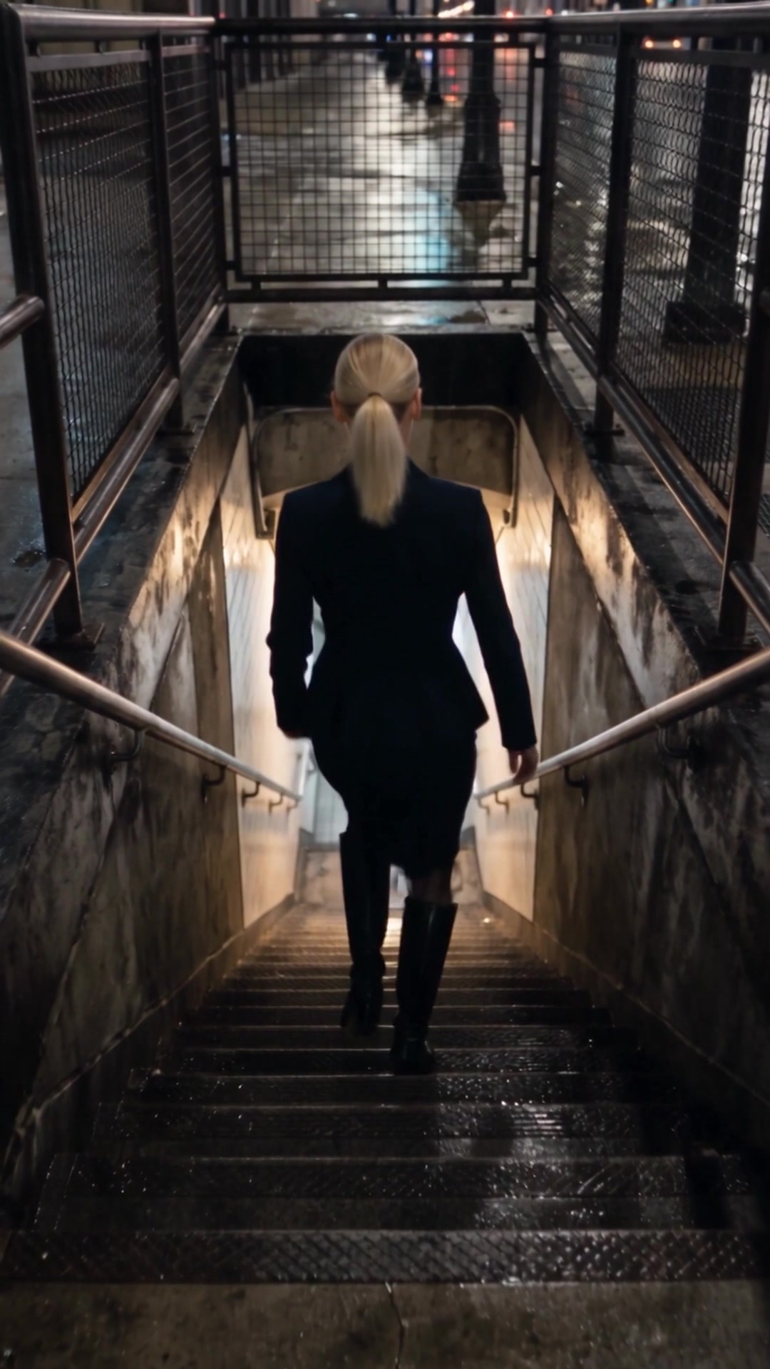 A young woman alone halfway down a lit subway stairwell at night - Ankin Law dramatization