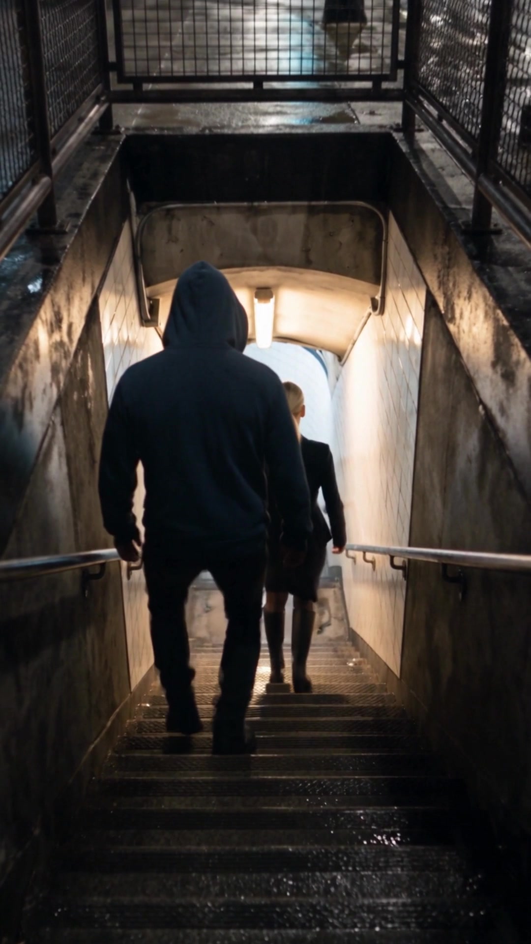 A man in a dark hoodie, seen from behind, hurrying down the stairs behind a young woman - Ankin Law dramatization
