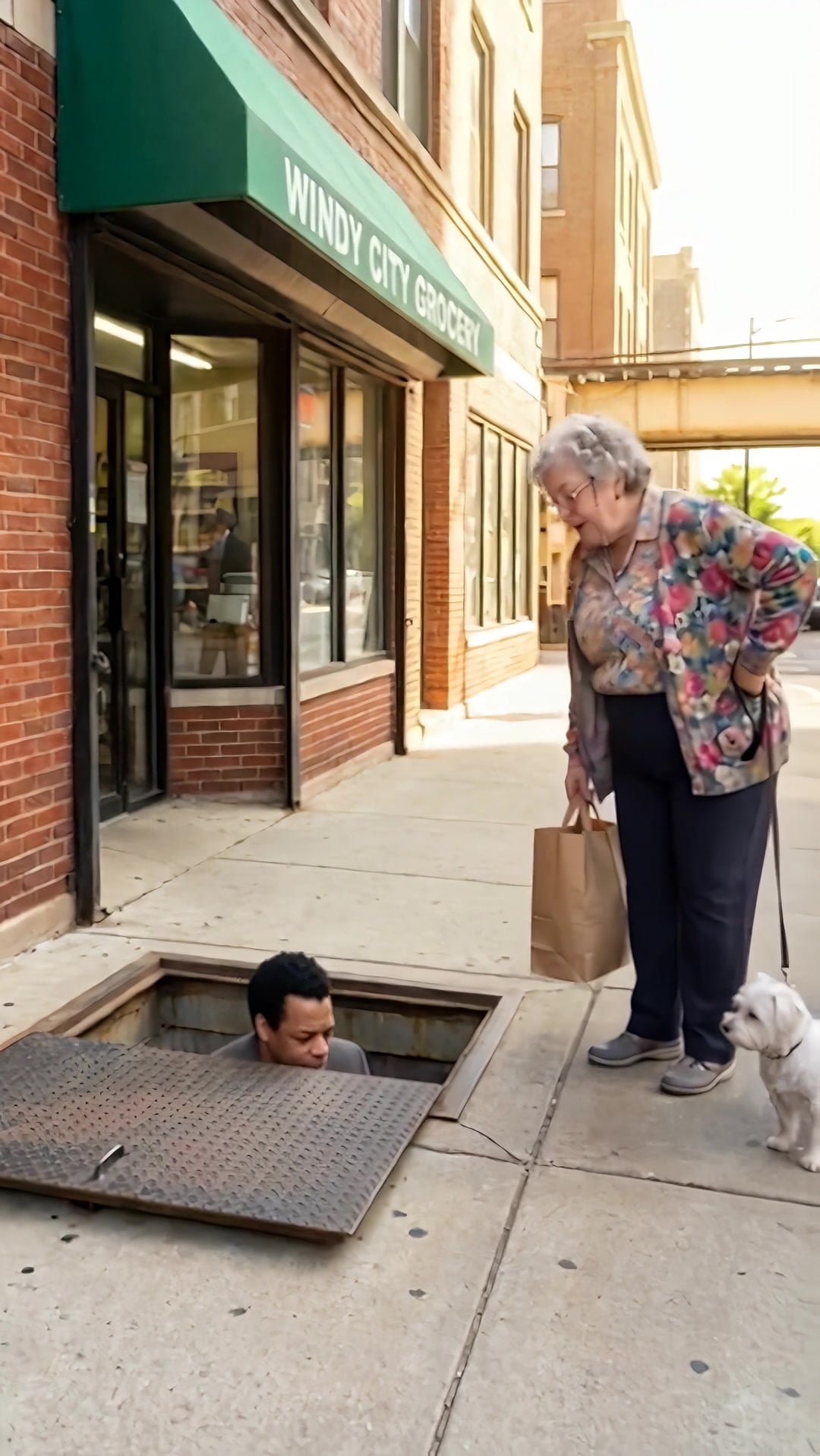 A man sunk to his shoulders through a broken steel sidewalk door outside a Chicago grocery - Ankin Law dramatization