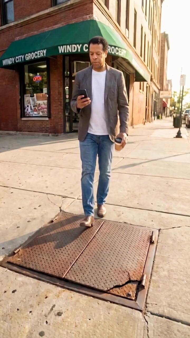 A man walking with a coffee toward a steel sidewalk cellar door outside a Chicago grocery - Ankin Law dramatization