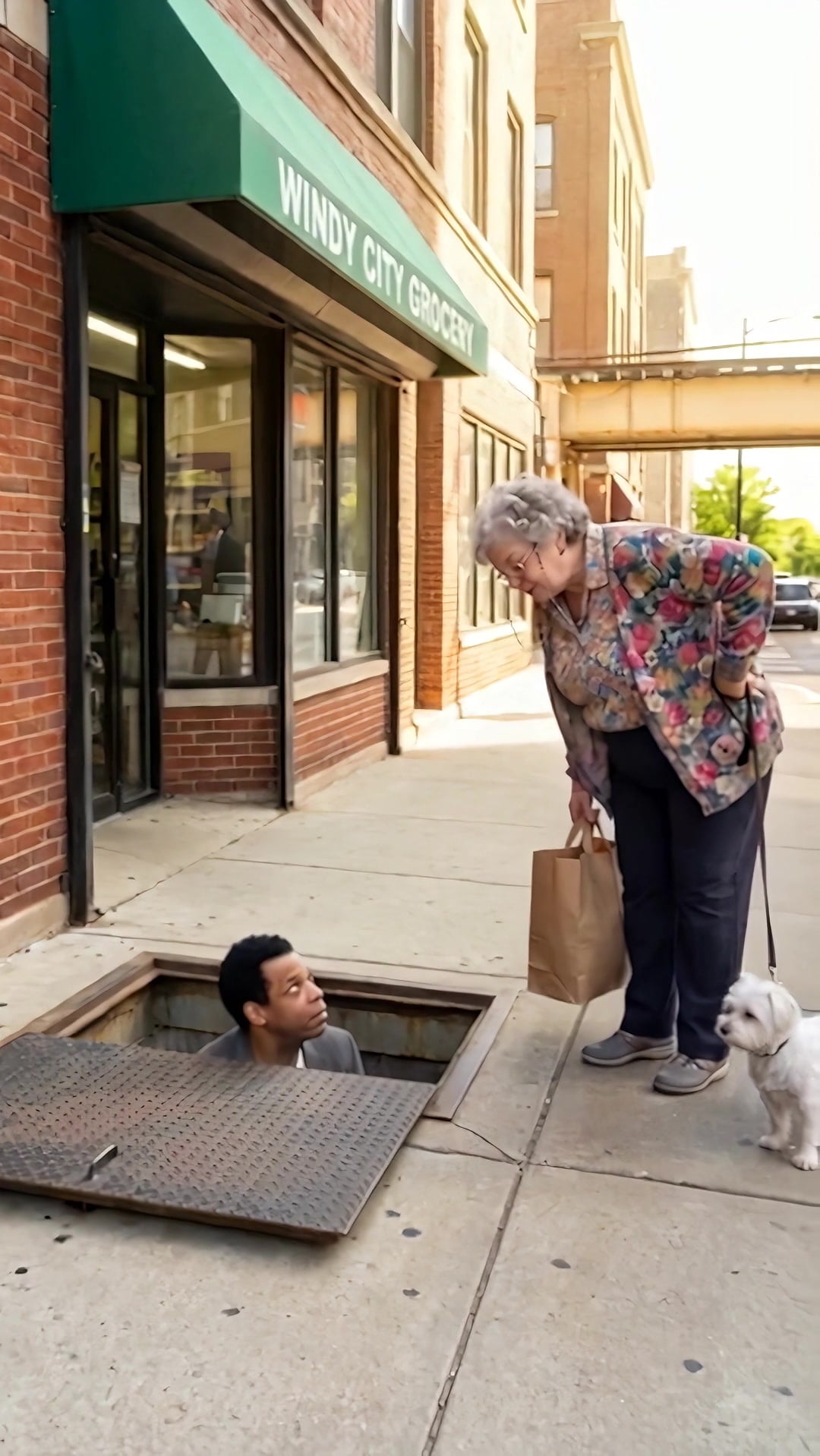 A man sunk to his shoulders through a broken sidewalk door as a neighbor with a small dog looks on - Ankin Law dramatization