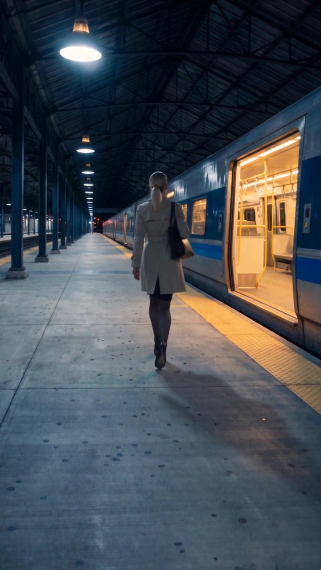 A woman in a trench coat walking briskly down an empty platform beside a commuter train - Ankin Law dramatization