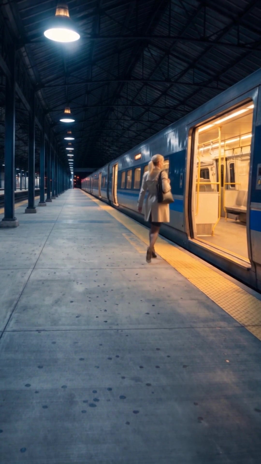 A woman reaching the open door of a lit commuter train on an empty platform - Ankin Law dramatization
