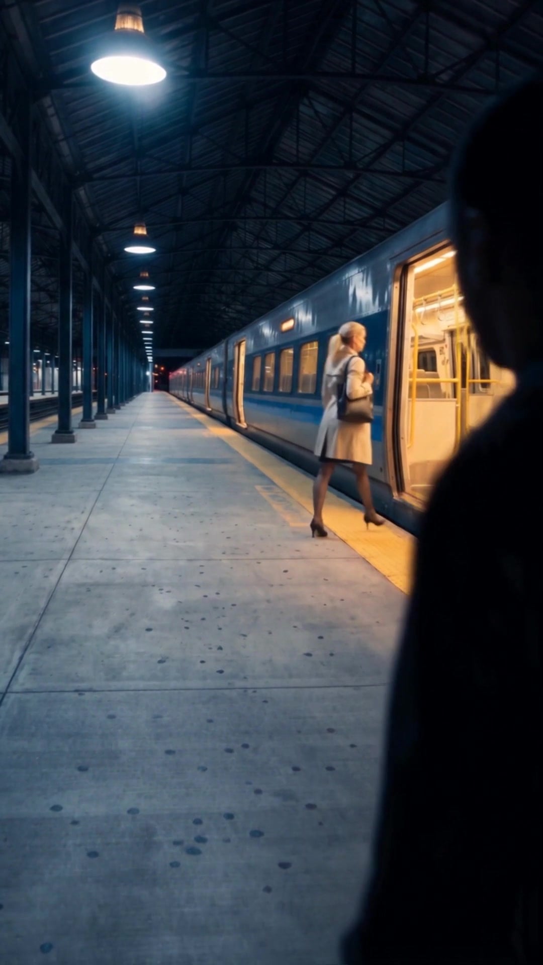 A man's dark silhouette watching a woman board the last train on an empty platform - Ankin Law dramatization